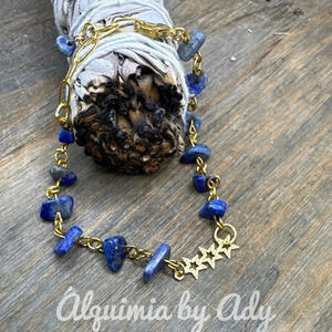 Gold dainty rosary link chain  lapis lazuli adjustable bracelet